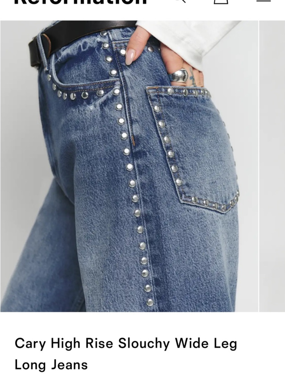 Reformation Studded High-Rise Wide Leg Jeans in Light Blue Denim